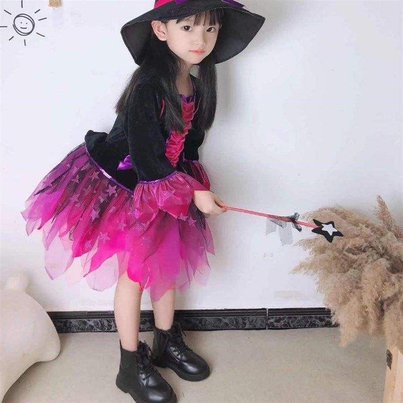 儿童万圣节服装披风女童礼服女巫婆吸血鬼连衣裙小女孩舞会演出服
