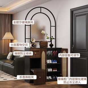 入户玄关柜中古风鞋柜换鞋凳一体客厅进门复古玻璃屏风隔断柜定制