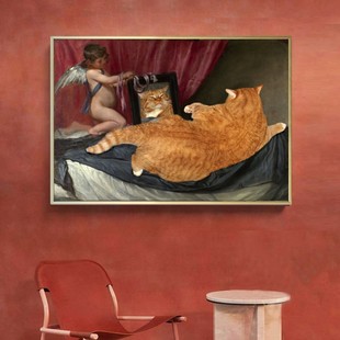 肥橘猫恶搞小众创意艺术北欧复古怀旧文艺客餐厅背景装饰画名画