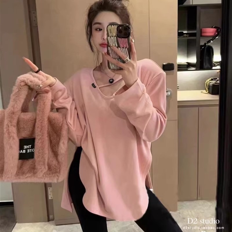 时尚V领中长款打底衫女内搭加绒2024年秋冬季上衣宽松纯棉长袖t恤