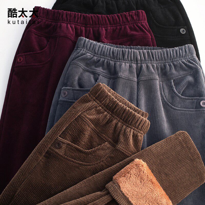 酷太太中老年加绒加厚灯芯绒女裤松紧高腰直筒条绒裤冬季弹力长裤