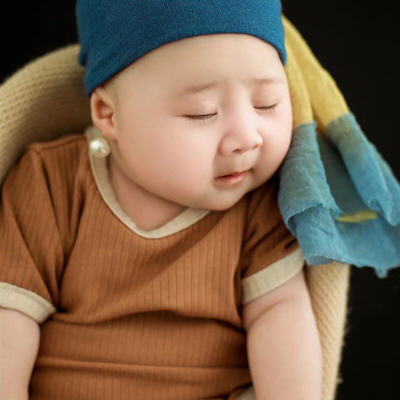 儿童摄影服装cos戴珍珠耳环的少女套装满月百天周岁照宝宝拍照衣