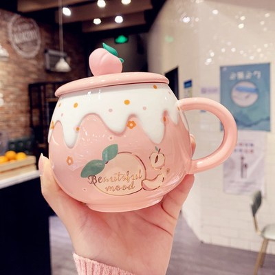 女办公室专用陶瓷杯咖啡杯子带盖带勺子可爱马克杯少女心学生水杯