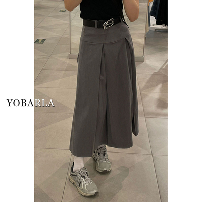 灰色西装半身裙女秋冬大尺码胖mm高腰显瘦梨形身材a字中长版百褶