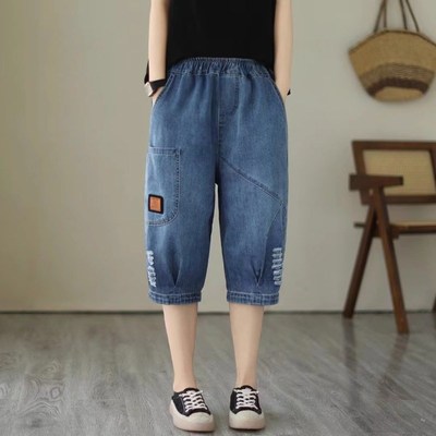 时尚女装六分牛仔裤夏季薄款宽松休闲大码中裤破洞水洗松紧腰女裤