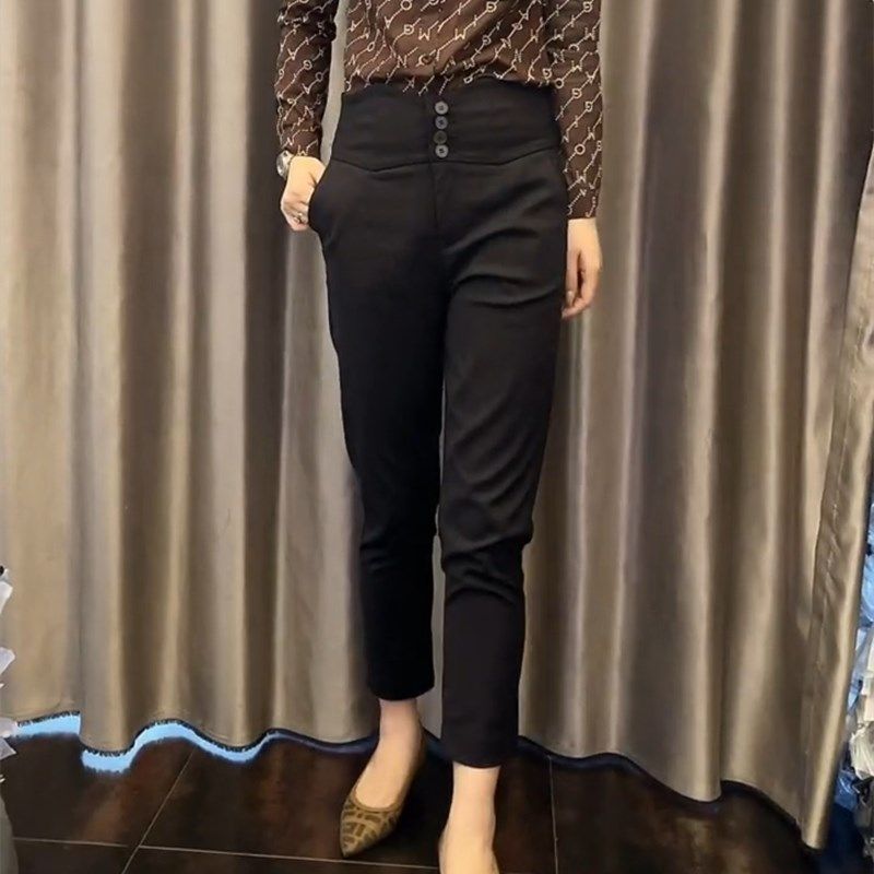 2024春秋装新款高腰四扣小脚西装裤女黑色显瘦九分休闲职业西裤子