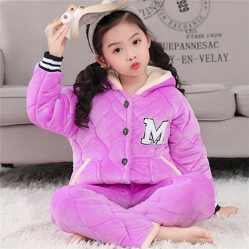 秋冬季加厚法兰绒儿童睡衣男孩宝宝三层夹棉珊瑚绒男童女童家居服