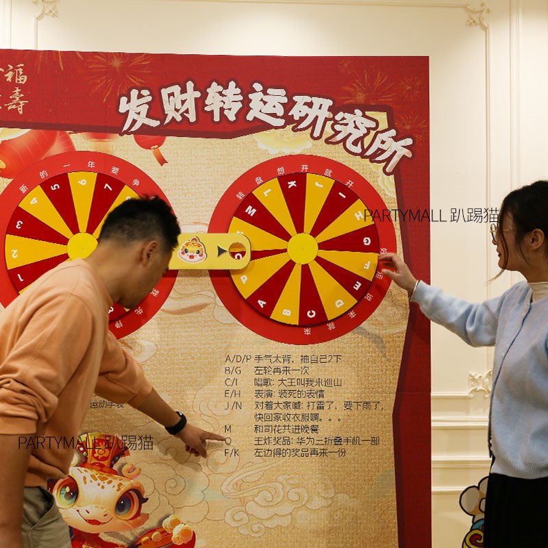 2025蛇年春节美陈年会布置装饰抽奖道具发财转盘游戏背景墙kt展板
