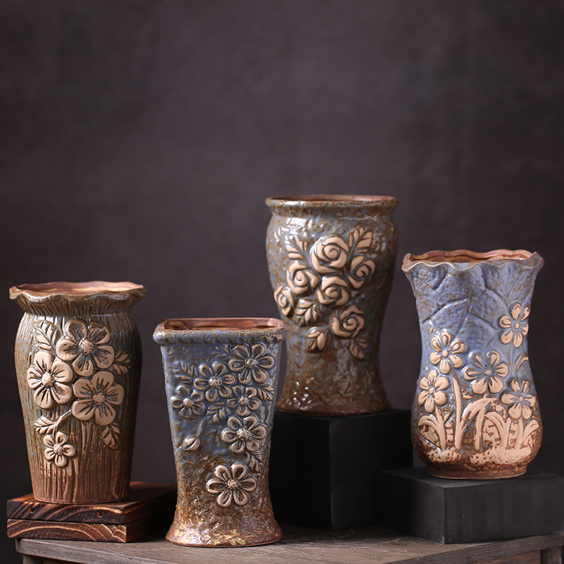 陶瓷多肉花盆创意缺口黑法师多肉老桩圆复古方形肉肉绿植粗陶高盆