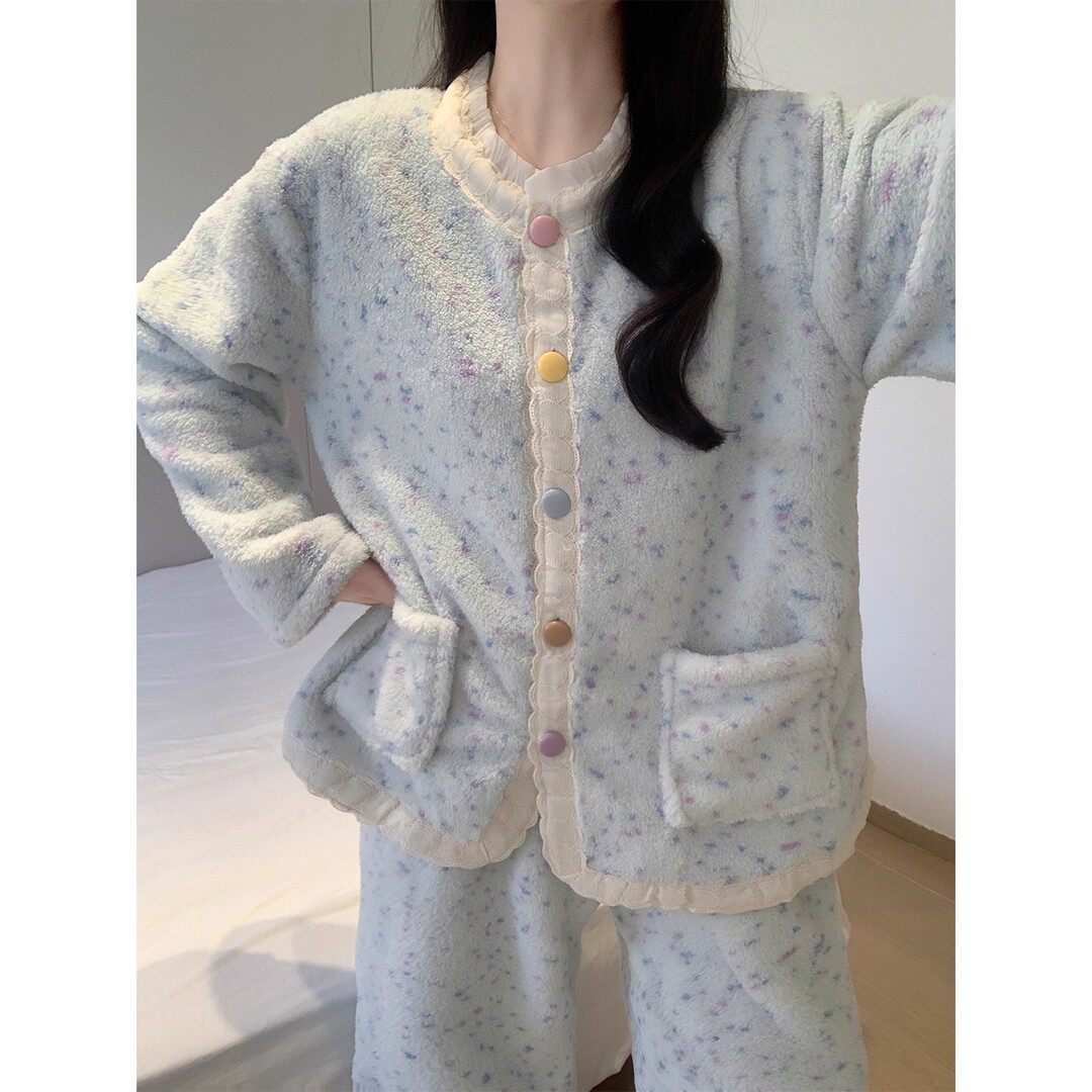 半边绒睡衣女秋冬季珊瑚绒加厚加绒可爱花边小个子外穿家居服套装