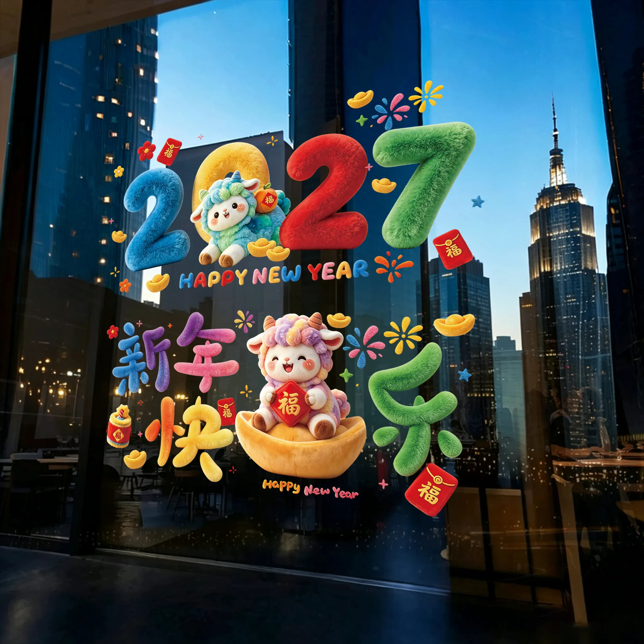 2027羊年毛绒卡通静电窗花贴