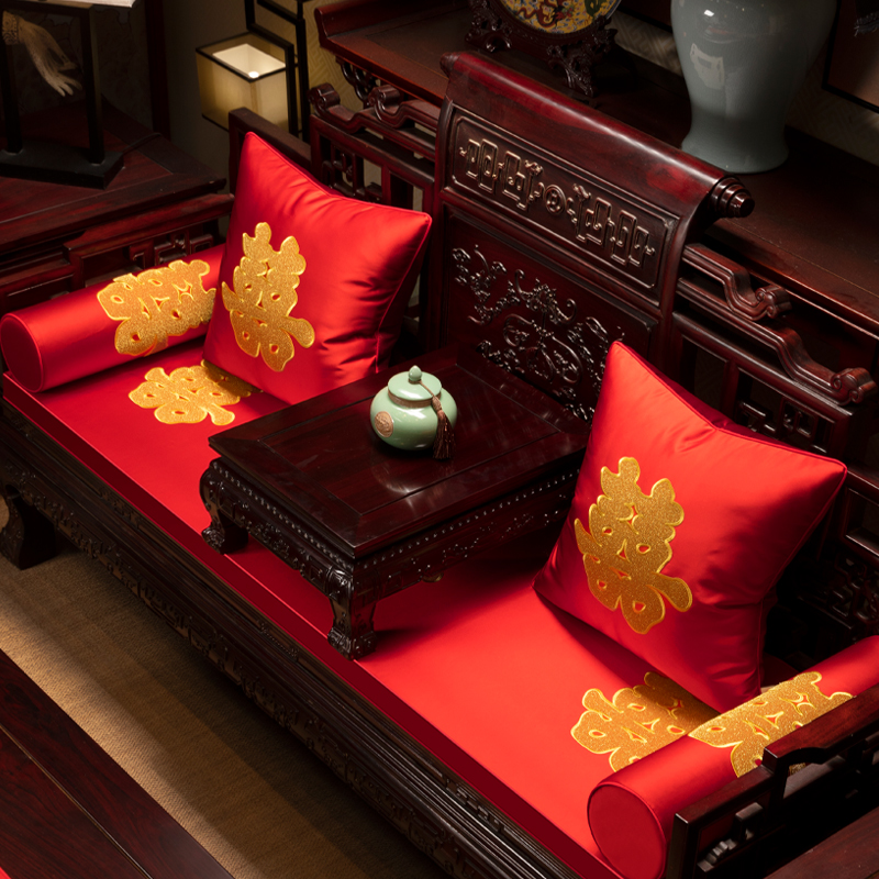 现货速发红色喜庆沙发垫跪垫中式囍字轻奢结婚实木家具垫子罗汉床