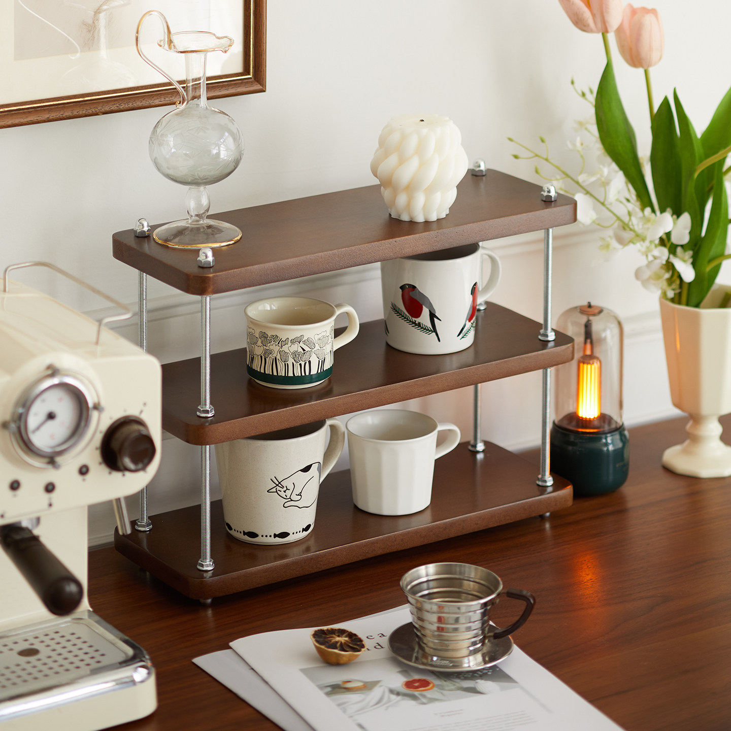 实木桌面杯子收纳置物架中古风多层咖啡杯马克杯茶具收纳架展示架