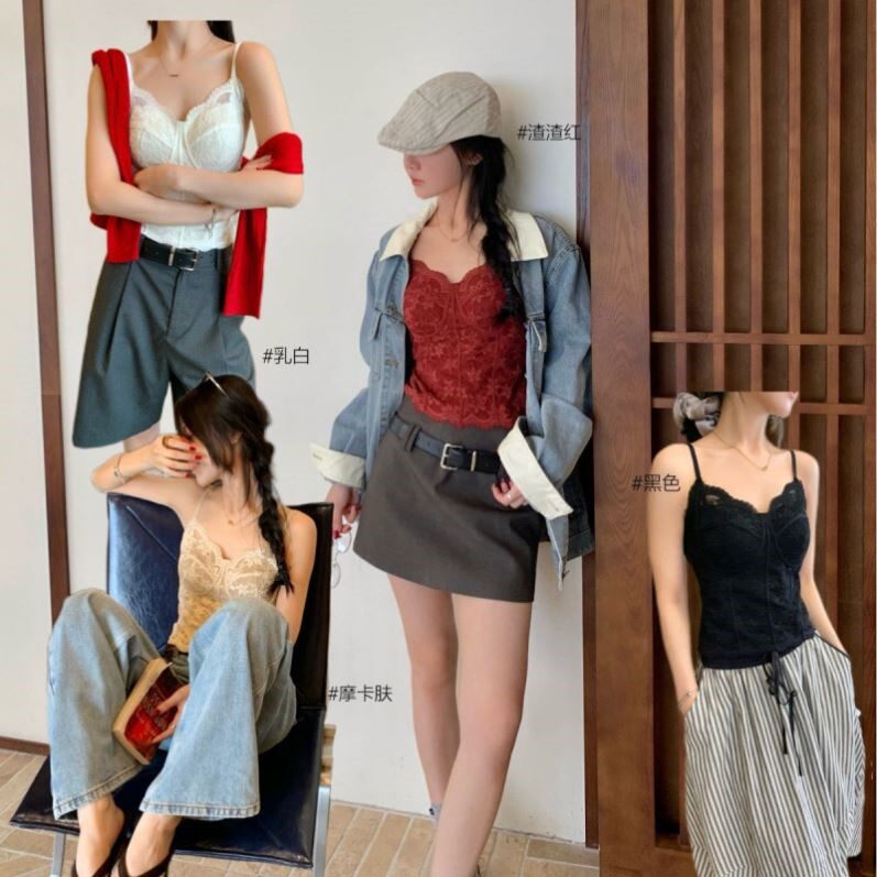 纯欲风法式骨线小吊带显瘦性感女士自带胸垫可外穿辣妹蕾丝背心女