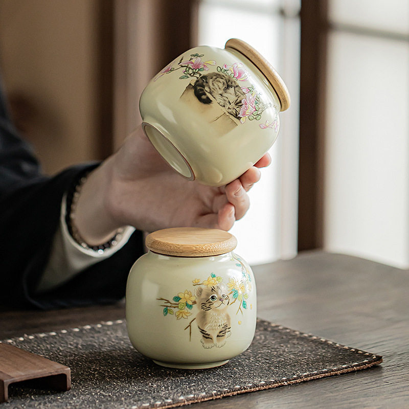 米黄汝窑茶叶罐创意可爱