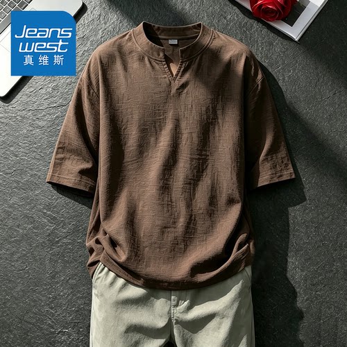 真维斯老钱风仿亚麻V领正肩短袖