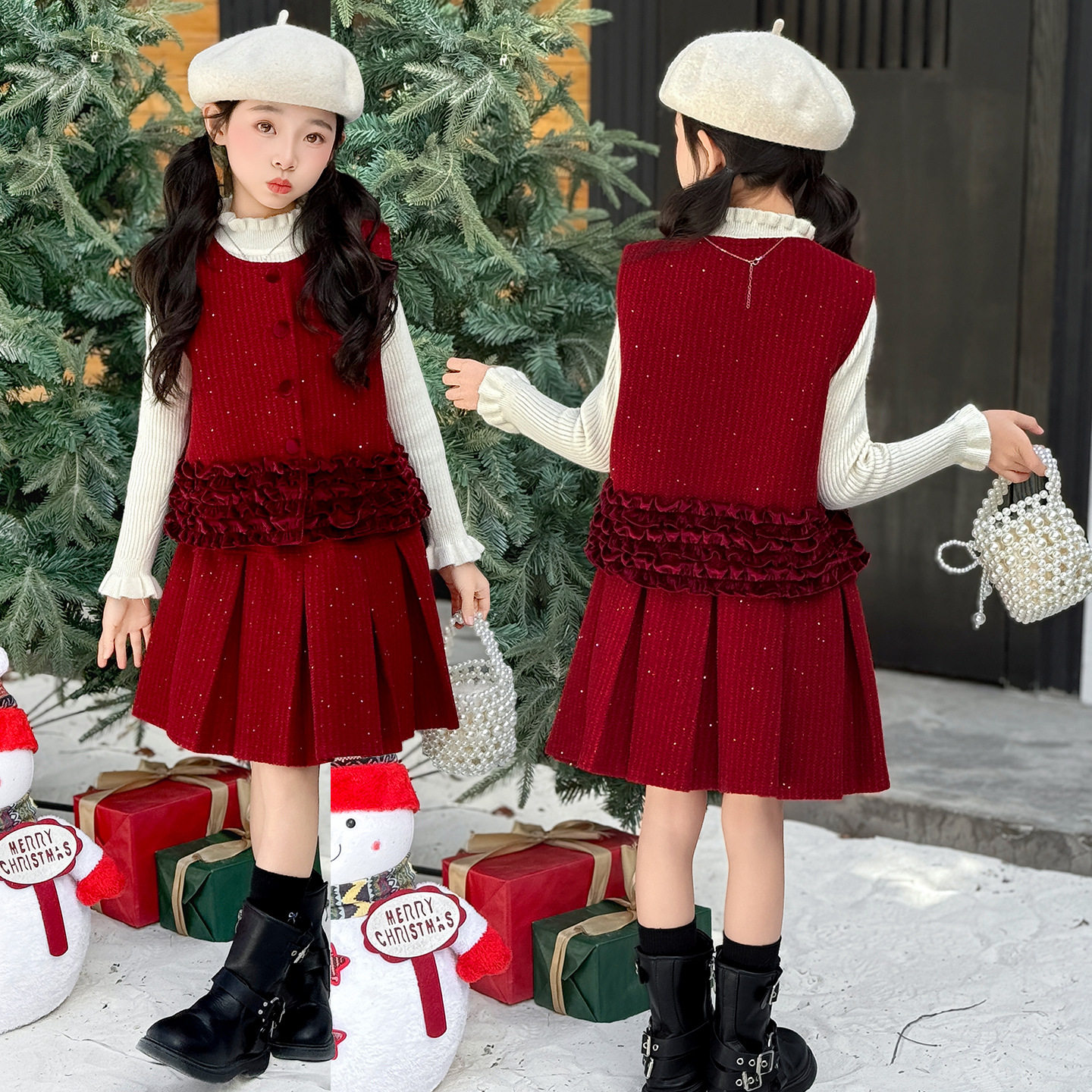 女童加绒马甲套装裙冬季2025新款亮片加厚无袖上衣半身裙两件套潮