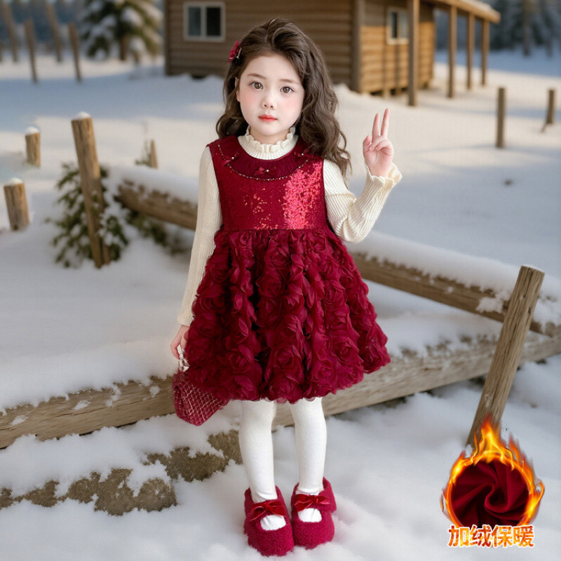 女小童加绒玫瑰花朵裙套装2025秋冬款洋气宝宝甜美背心公主裙两件