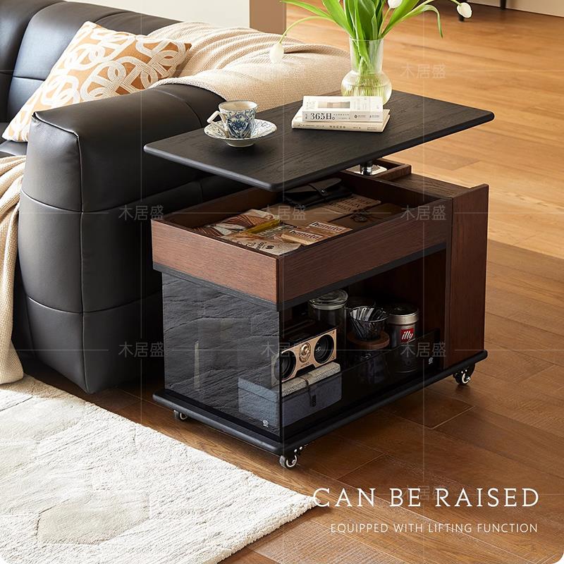 法式复古风可移动茶几客厅升降边几沙发户型红橡木折叠实木小推车