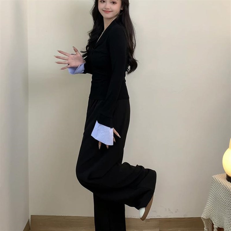 2024秋冬叠穿拼接扭结V领上衣长袖t恤显瘦微喇牛仔裤西装裤套装女