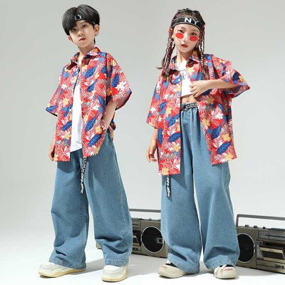 儿童嘻哈街舞服男女童复古花色衬衫套装六一团体服合唱班服表演服