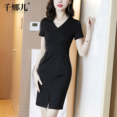 包臀开叉连衣裙女夏装2021新款黑色V领气质修身显瘦职业小黑裙子