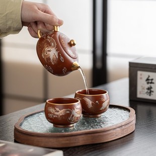 龙凤呈祥鎏银茶壶单壶功夫茶具家用大号描金朱泥紫砂泡茶壶礼盒装
