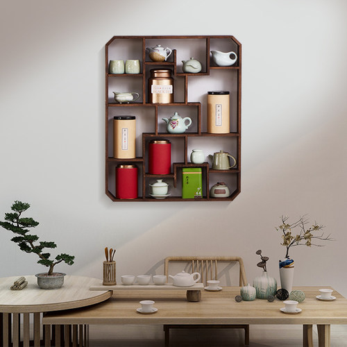 实木中式多宝阁博古架茶杯架壁挂式紫砂茶壶展示架墙上置物架隔断