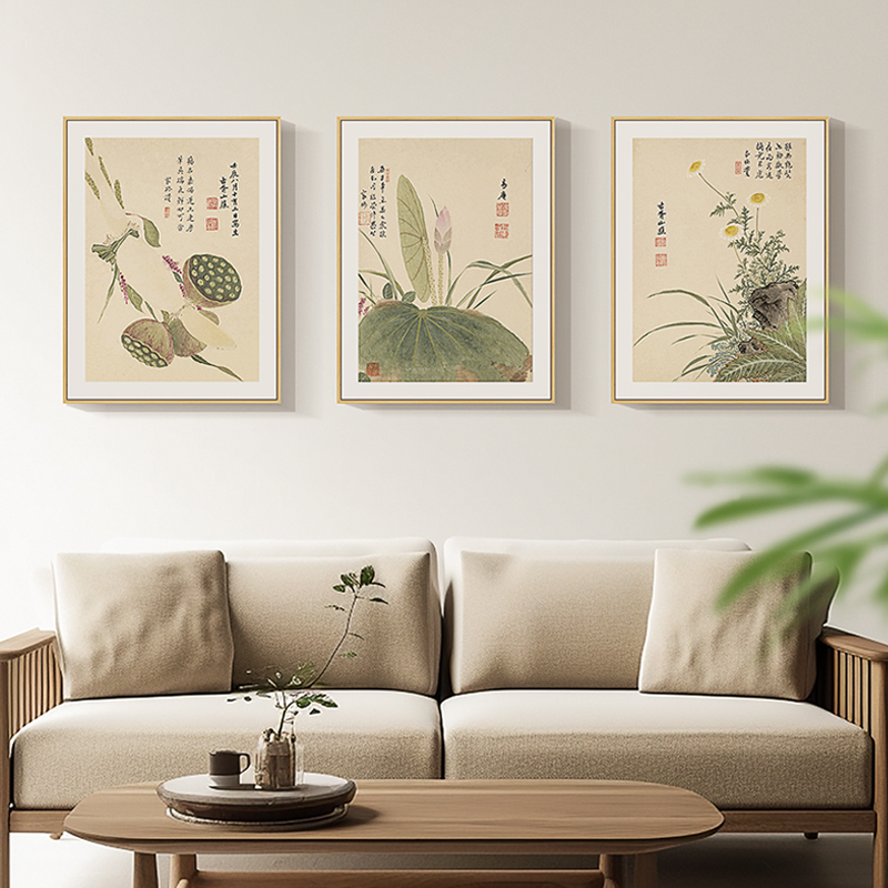 网红《春华秋实》新中式客厅装饰画饭厅书房组合挂画植物花卉