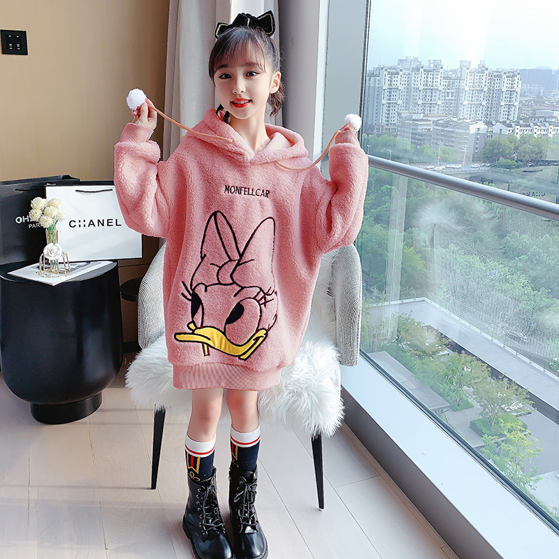 女童卫衣加绒中长款2021新款洋气儿童装中大童加厚保暖毛毛衣外套