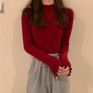 酒红色打底衫女半高领针织内搭暗红修身木耳边中领长袖上衣春秋冬