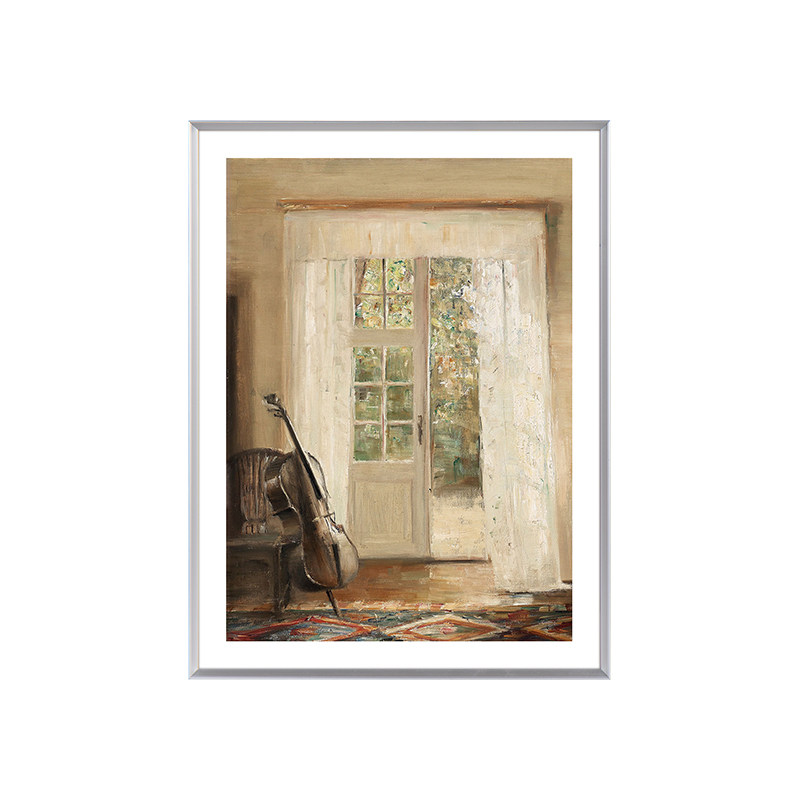 港画 欧式小众复古壁画靠在桌子边的大提琴油画风挂画咖啡厅摆件