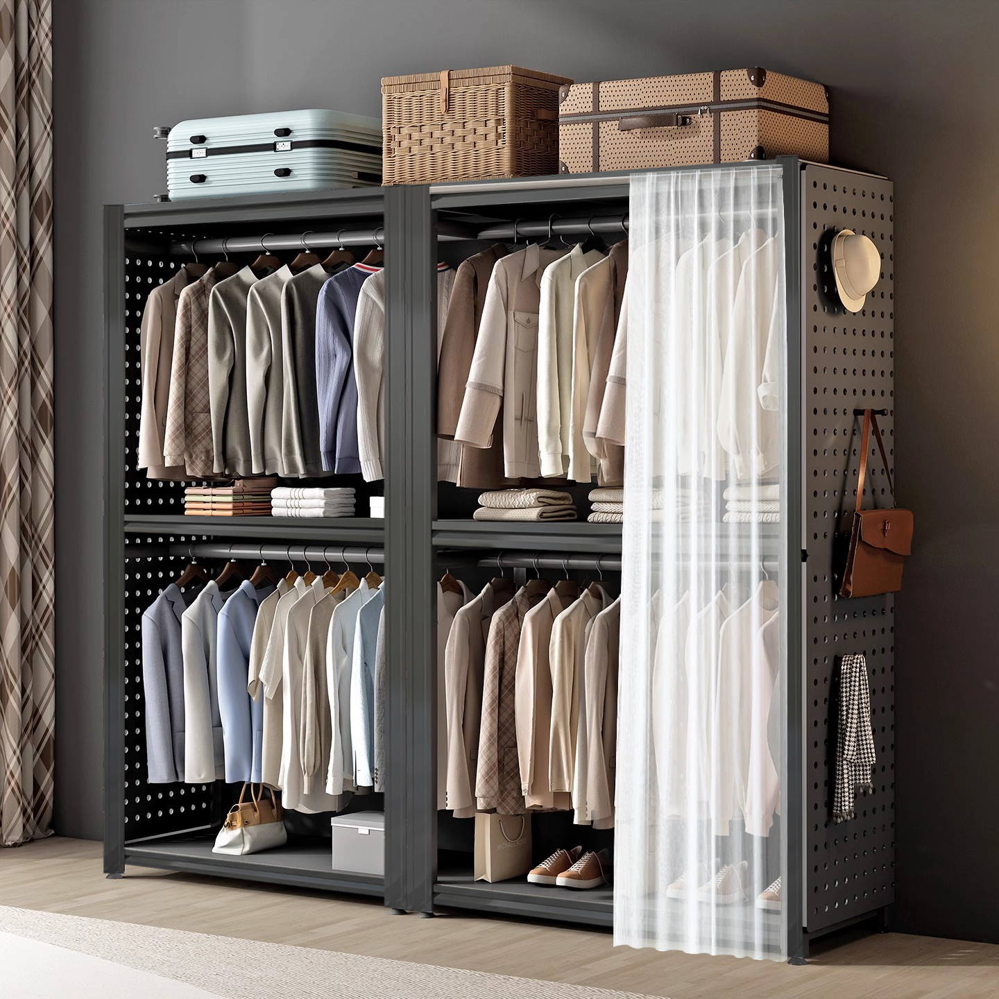 出租房衣物收纳简易组装货架衣柜家用卧室落地洞洞板衣橱衣帽间架