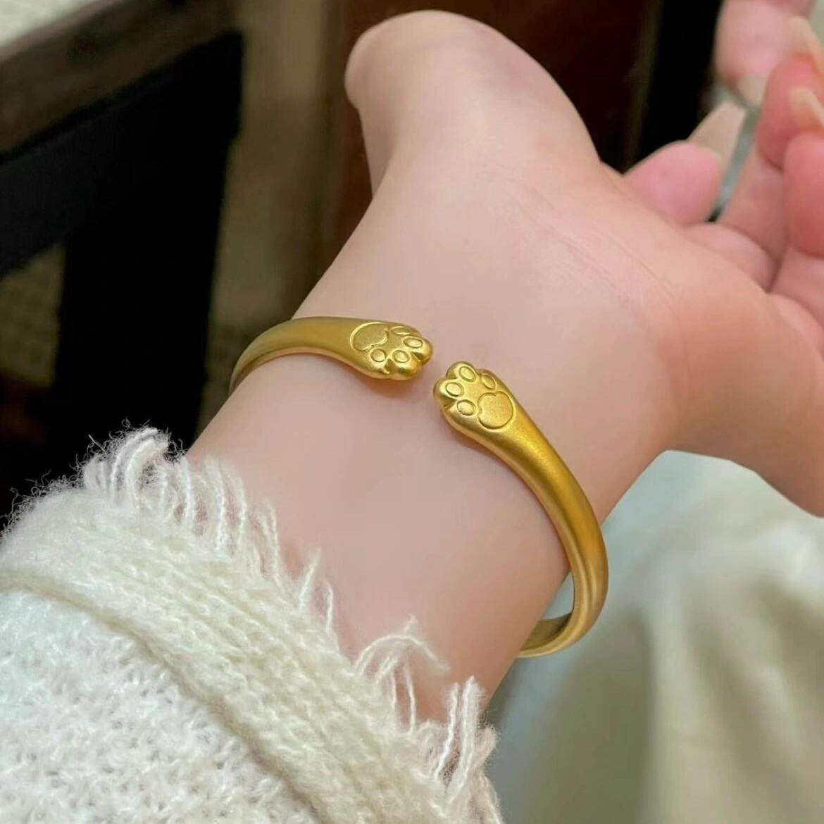 金包银猫爪手镯女招财纳福转运开活口实心古法磨砂素圈手环送女友