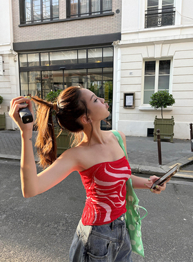 美式辣妹风撞色条纹抹胸女夏季新款修身显瘦打底衫短款别致上衣