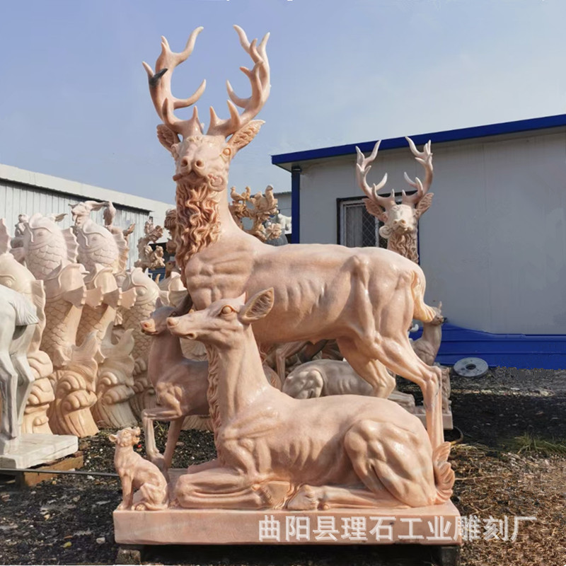 汉白玉石雕麋鹿吉祥瑞兽摆件