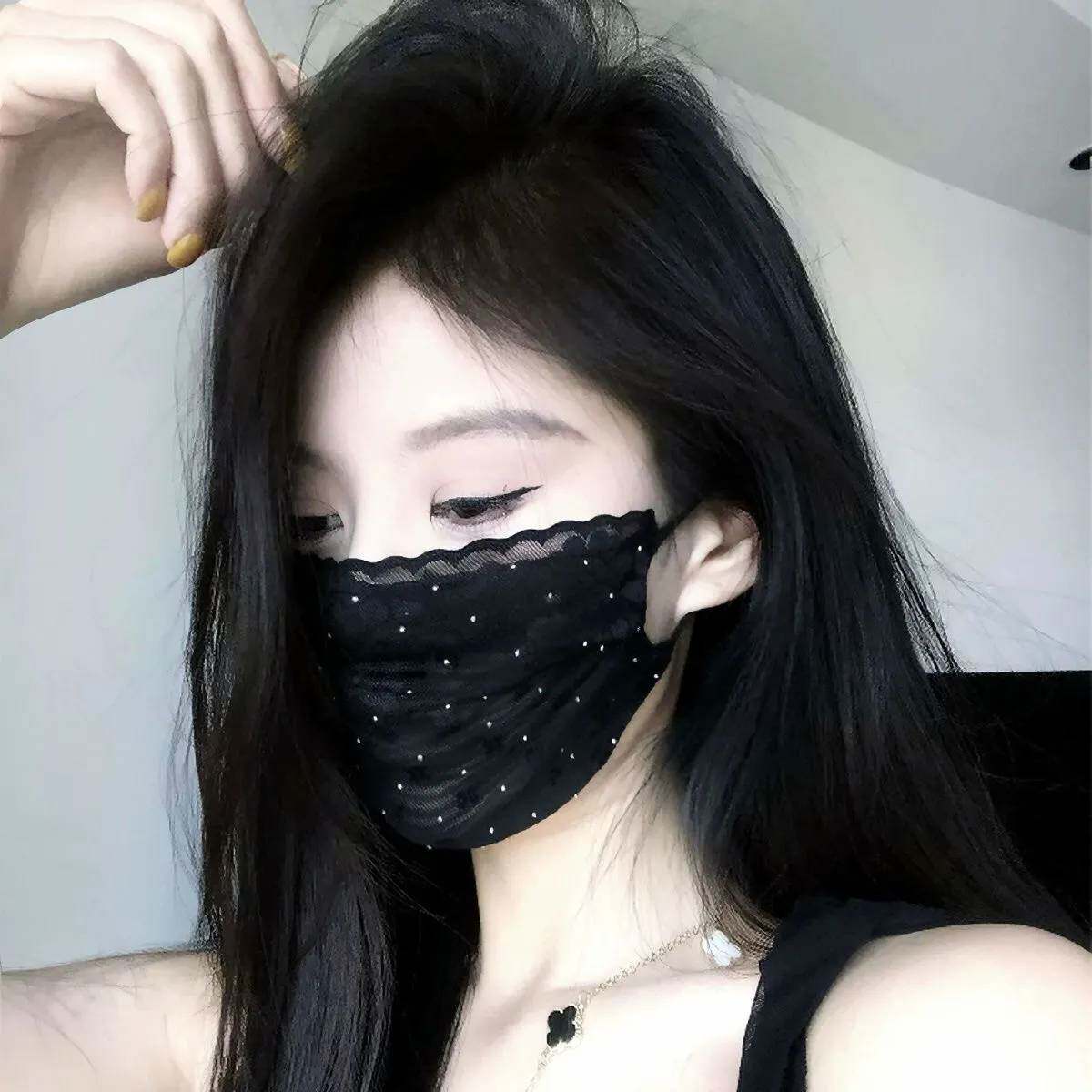 夏季口罩女薄款透气蕾丝网纱烫钻