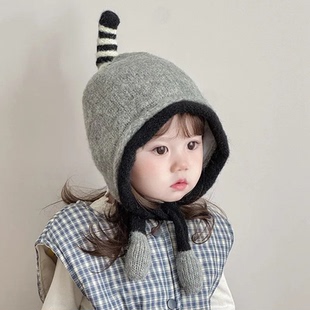 儿童护耳帽子秋冬季可爱萌趣宝宝针织毛线小企鹅捏捏叫保暖防风帽