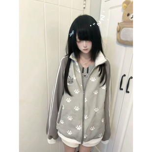 日系学院风猫爪满印撞色插肩立领拉链卫衣宽松软妹休闲百搭外搭女