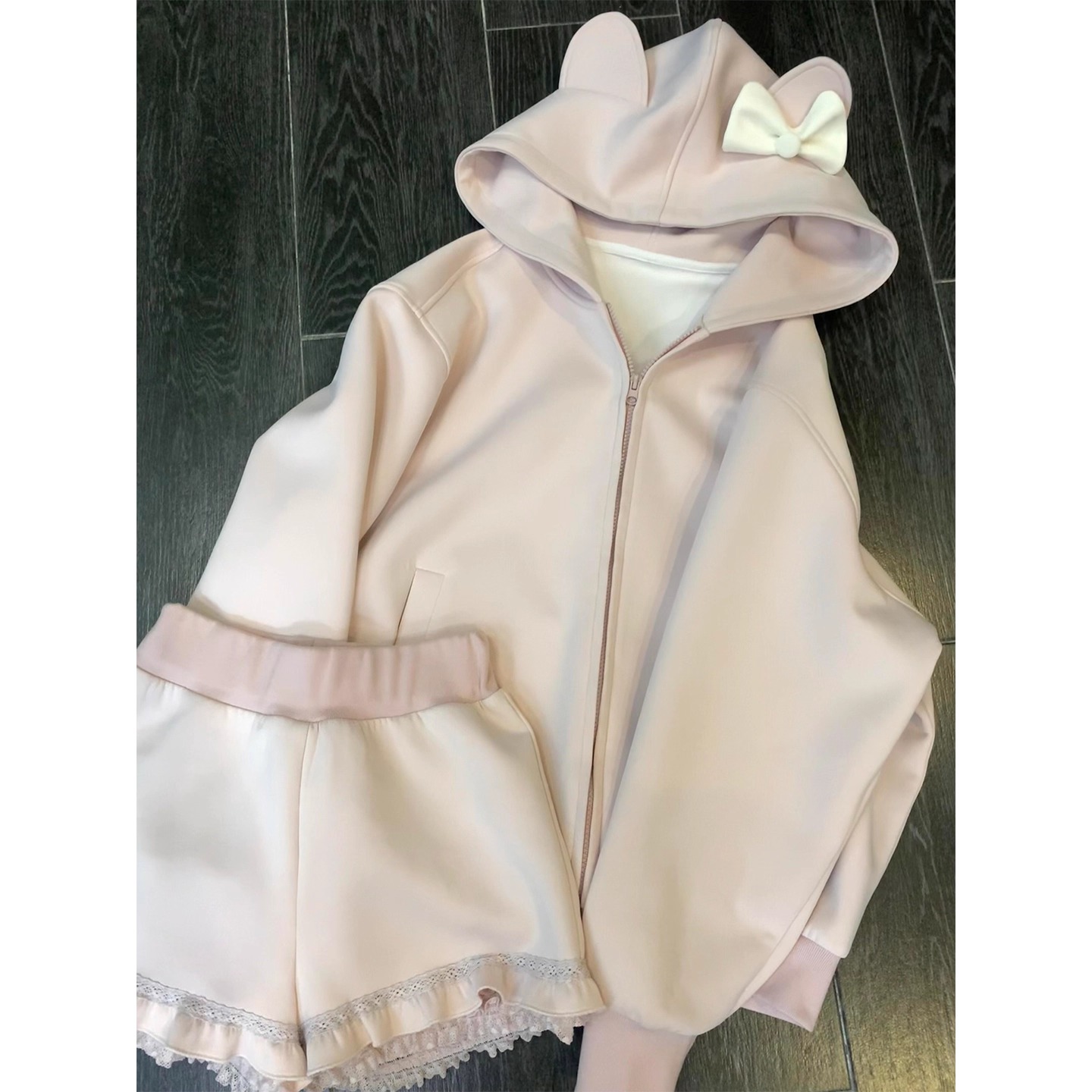 可爱甜美软妹宽松休闲慵懒风粉色蝴蝶结兔耳设计开衫连帽拉链卫衣