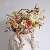 花篮装 藤编流苏圆形手提拍摄道具花艺插花花器篮 饰小篮子田园风格