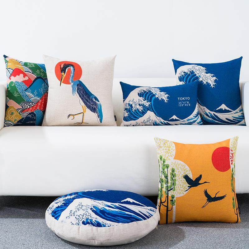 日式富士山抱枕沙发客厅方枕大号汽车靠背垫床头办公室腰枕定制