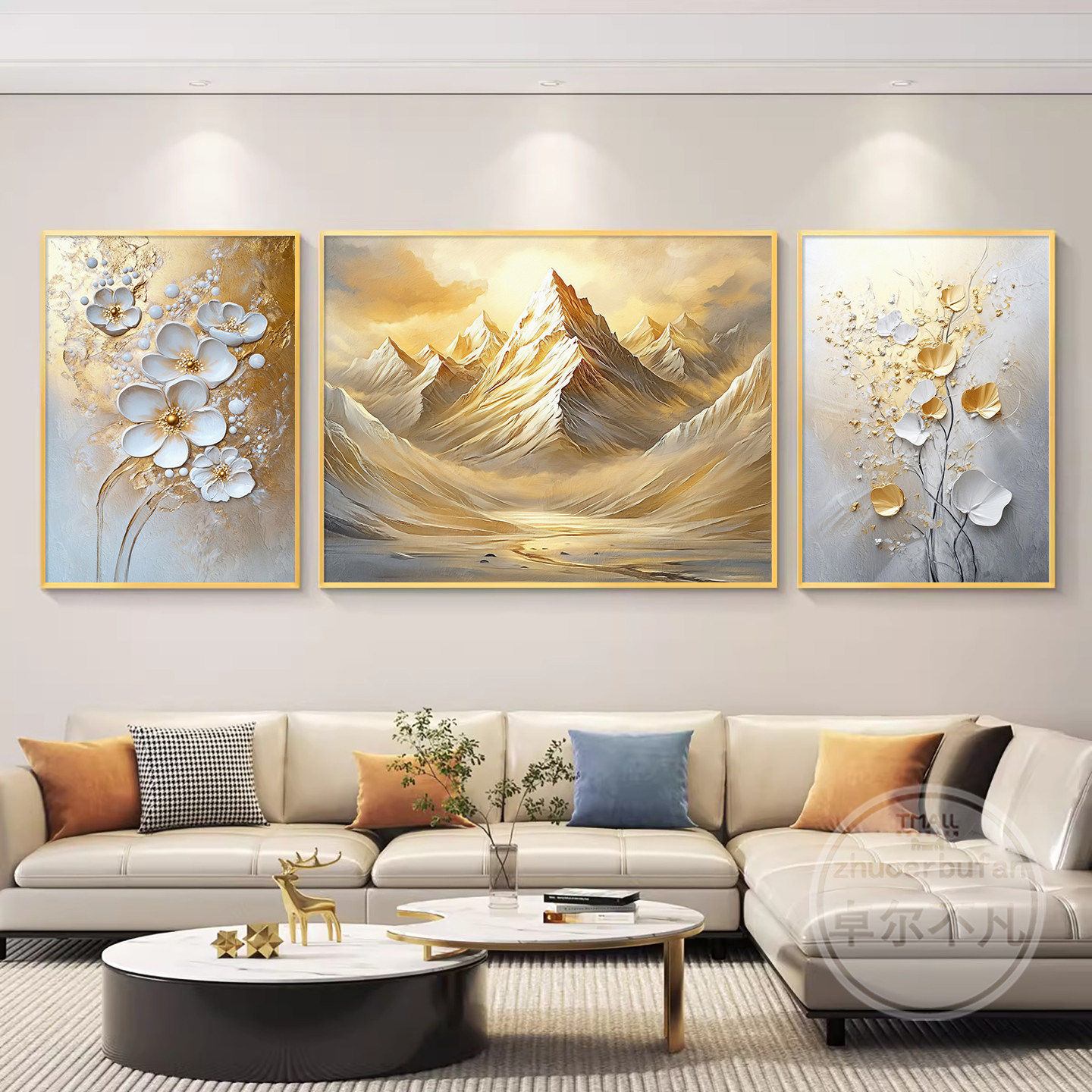 日照金山客厅装饰画简约大芬油画村高档大气沙发背景墙挂画三联画