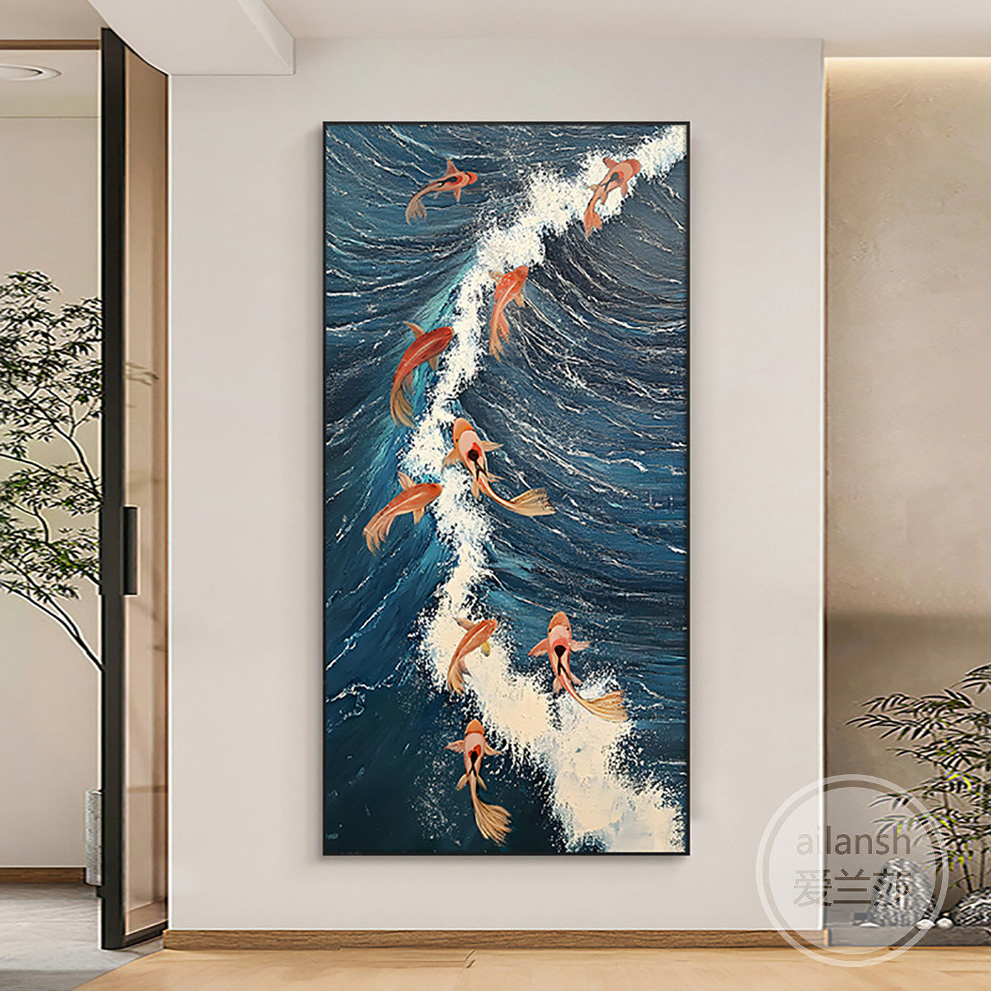 大芬村九鱼图手绘油画招财锦鲤走廊装饰画入户玄关聚财鲤鱼挂画