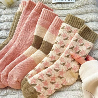 女袜2025新款冬纯棉厚袜子女秋冬款中筒袜潮款拼色毛圈花纹长袜冬