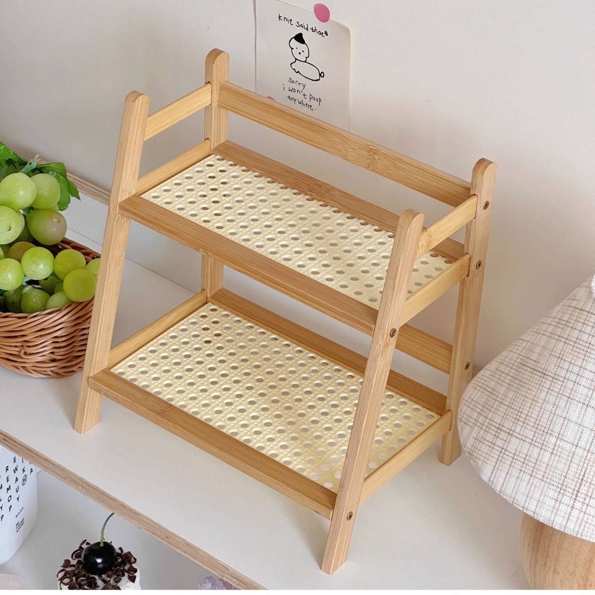 ins中古风藤编奶油色双层桌面