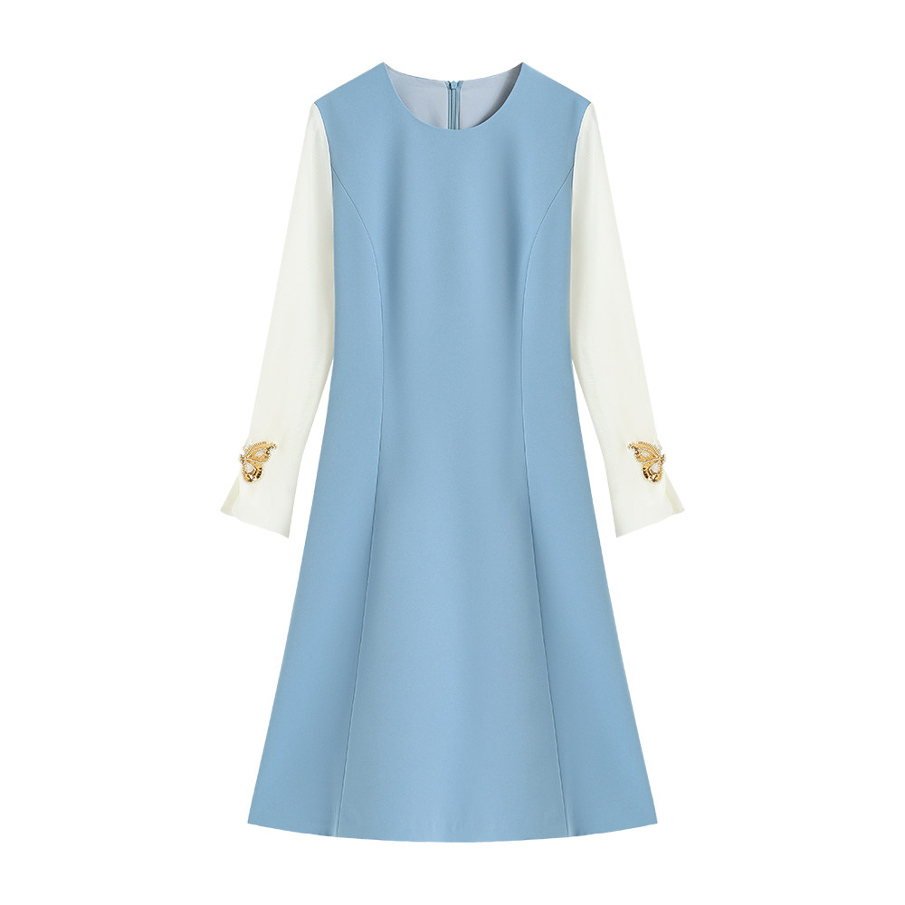 【深圳虹姐】新款设计师撞色拼接高级感轻奢收腰A字连衣裙S3204