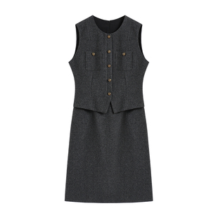 【南油虹姐】秋冬新款气质时尚复古修身不规则显瘦马甲连衣裙3142