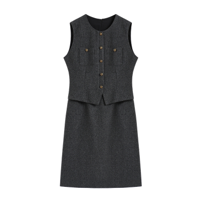 【南油虹姐】秋冬新款气质时尚复古修身不规则显瘦马甲连衣裙3142