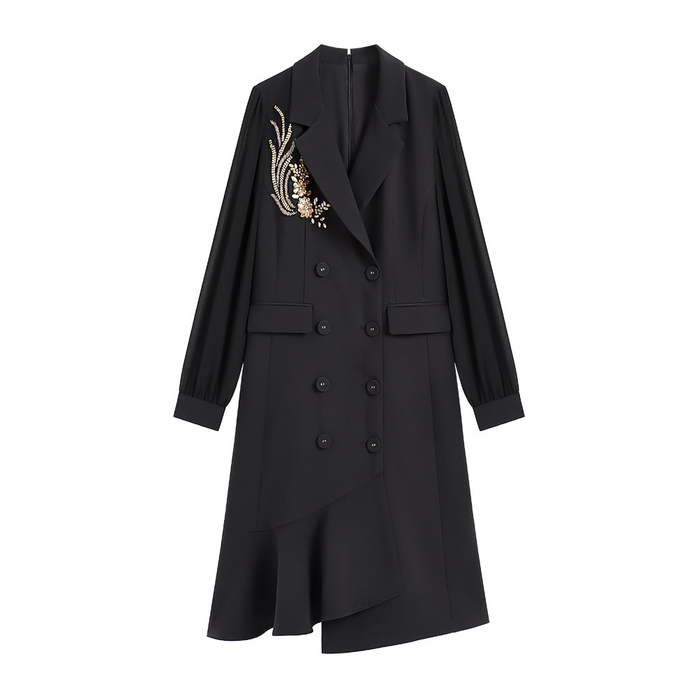 【南油虹姐】新款设计师重工时尚敕修双排扣中长款风衣连衣裙S320